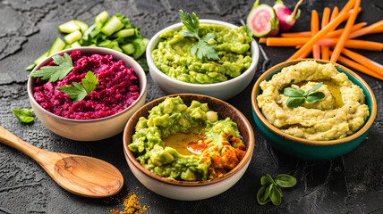 A widescreen presentation of a wooden spoon next to bowls of vibrant dips like guacamole, hummus, and beetroot spread, with raw vegetables sticks on the side, 