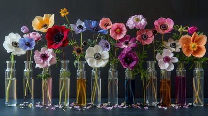   A line of vases holding diverse flowers sits atop a wooden table opposite a black backdrop