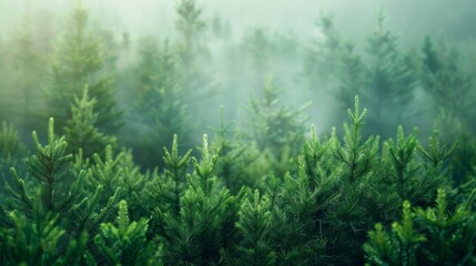A tranquil scene of pine trees shrouded in mist, giving a feeling of calmness and introspection