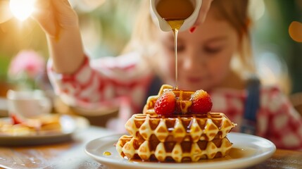 Mother pours syrup onto a waffle for her daughter's breakfast, spreading warmth and joy in the morning routine.