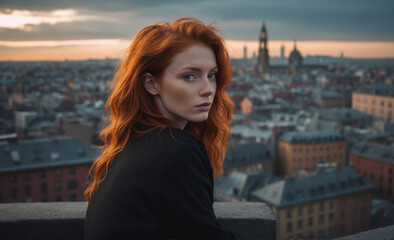 Obraz premium Portrait of a beautiful red-haired model, a ginger model with a face of beauty and red hair, noir, contrast, color paint, multiple colors, city at background , detailed,