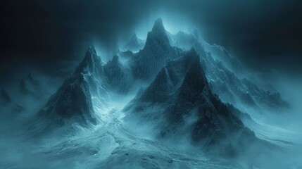 a mountain range covered in snow in the middle of a dark, foggy, foggy, and cloudy sky.