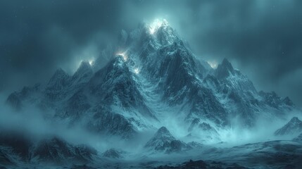 a painting of a mountain range in a foggy sky with a bright light coming from the top of it.