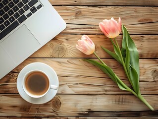 Macbook and Tulip on Rustic Wood Desk Inspiring Workspace for Creative Professionals