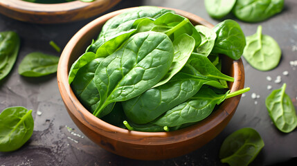A wooden bowl of fresh spinach leaves sits on a table in a closeup shot. The dark gray background features scattered green leaflets