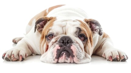 Funny Laying English Bulldog - Mad Dog Breed Isolated on White Background