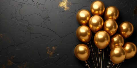 Golden Balloon Bunch on Black Wall Background - Air Balloons Decoration with Metallic Gold Shine