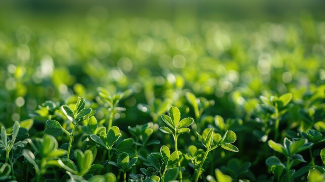 Growing Alfalfa Foliage in Spring Field - Lucerne Plant for Forage on Green Background