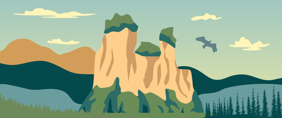 Vector illustration. Mountain nature. Travel concepts. A wonderful view of the mountains and forests. Perfect image for screensaver, cover, card, etc.