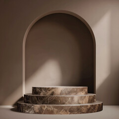 Brown marble podium with stairs for display product. Behind the pedestal is a large arch.