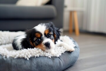 Adorable dog lying on soft dog bed in home interior