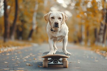Cute labrador dog riding on skateboard in the autumn park