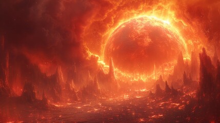 a painting of a giant ball of fire in the middle of a dark, red, orange and yellow landscape.