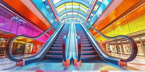 An escalator in a subway station with colorful lights Digital image