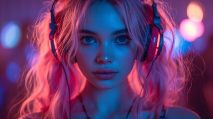 Fototapeta premium a woman with headphones on her head in front of a red and blue background with lights in the background.