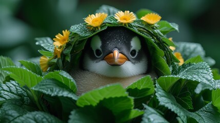 a close up of a penguin with a wreath of flowers on it's head and leaves around it's neck.