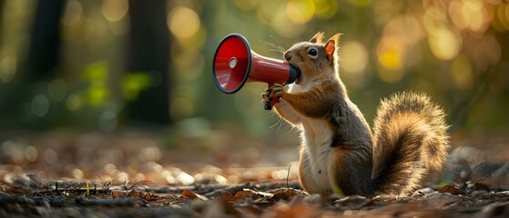 Forest Announcer: Squirrel's Megaphone Moment. Concept Wildlife Stories, Forest Adventures, Nature News, Animal Updates - obrazy, fototapety, plakaty