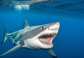 Great white shark in deep blue water.