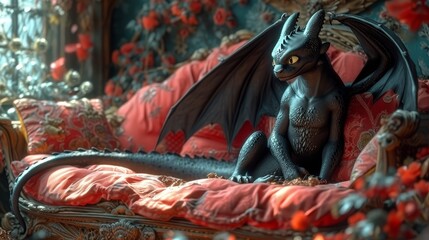 a black dragon sitting on top of a bed in a room with red pillows and a large mirror behind it.