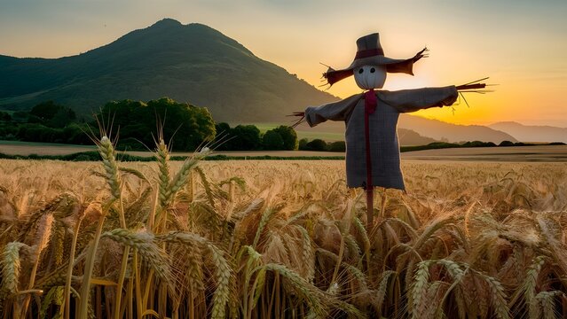 Golden Wheat feild wheat medows, scarecrow in feild with sunrise and green mountain in backdrop