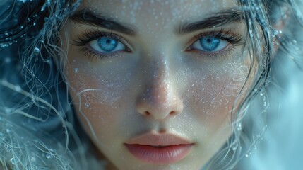 a close up of a woman's face with blue eyes and snow flakes all over her body and head.