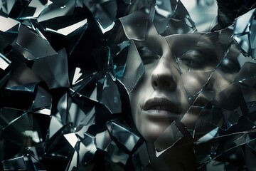 closeup persons face with shattered pieces of mirror, reflecting fragments of different emotions - obrazy, fototapety, plakaty