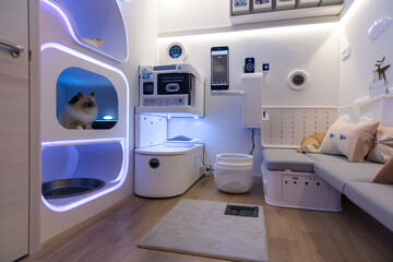 A tech-savvy pet corner equipped with automated feeding stations, self-cleaning litter boxes, and interactive toys controlled via smartphone apps.