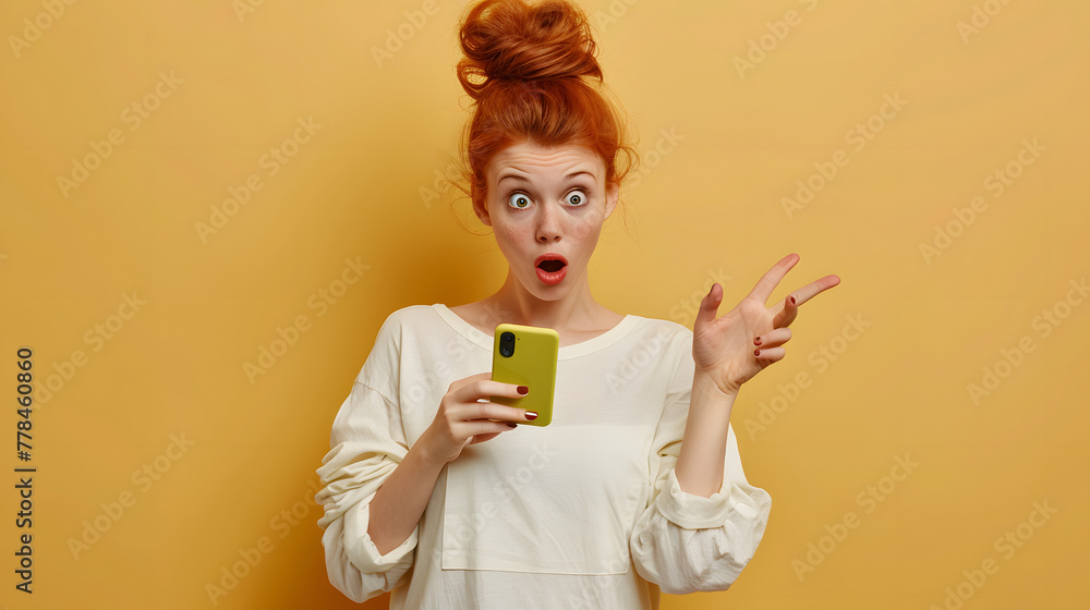 Poster a redheaded woman holds a phone in one hand and points to it with the other. she stands in the backg