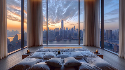A tranquil bedroom oasis where AI-powered curtains glide open to reveal a stunning view of the city skyline, framed by plush, luxurious bedding. - obrazy, fototapety, plakaty