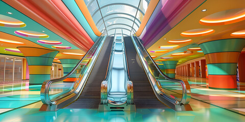 An escalator in a cinema  with colorful lights Digital image
