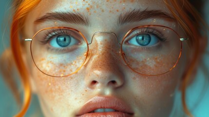 a close up of a woman with freckles of freckles on her face and eyeglasses. - obrazy, fototapety, plakaty