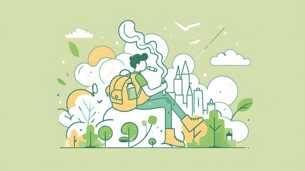 A simple line art vector illustration shows a character sitting on his backpack and smoking a vape