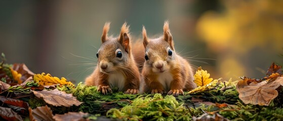 Curious Squirrel Twins in Autumn Wonderland. Concept Nature Photography, Wildlife, Fall Foliage, Animals, Autumn Scenes - obrazy, fototapety, plakaty