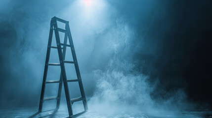 Ladder in a misty blue scene with ethereal lighting.