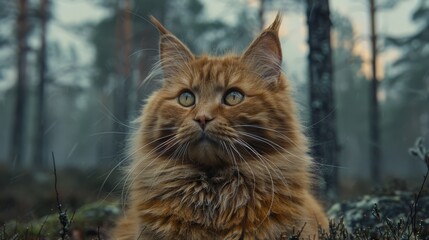 Obraz premium A cat in grass with trees and sky background