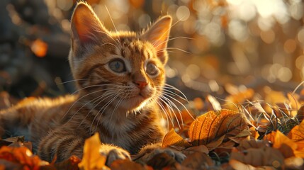   A detailed image of a feline resting amidst a mound of foliage, surrounded by an out-of-focus backdrop of tree trunks