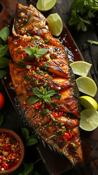 Indonesian Ikan Bakar Grilled Fish, Delicious food style, Horizontal top view from above