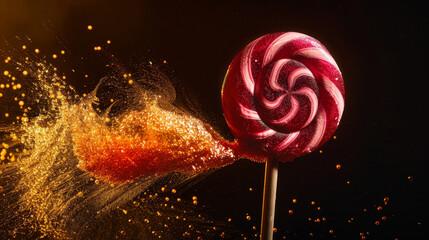 Pink and white swirled lollipop with an explosive glitter burst.