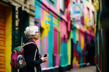Senior old woman tourist exploring colorful city places