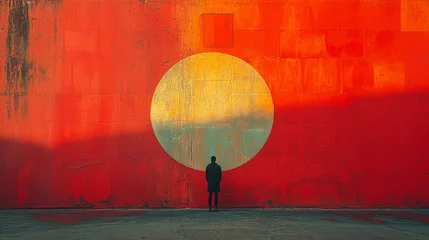 Foto op Canvas a person standing in front of a wall with a large orange and yellow circle in the middle of the wall. © Mikus