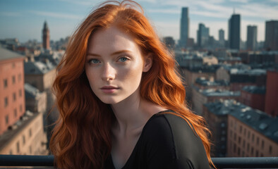 Fototapeta na wymiar Portrait of a beautiful red-haired model, a ginger model with a face of beauty and red hair, noir, contrast, color paint, multiple colors, city at background , detailed,