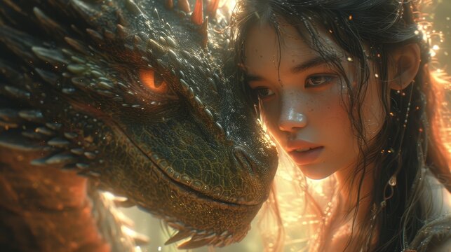 a woman and a dragon face each other in a scene from the movie how to train your dragon, which is shown in the background.