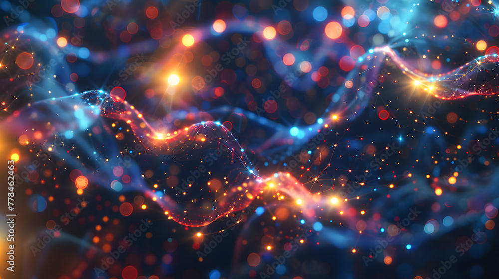 Poster abstract futuristic background with glowing particles and neurons