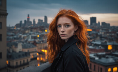 Fototapeta na wymiar Portrait of a beautiful red-haired model, a ginger model with a face of beauty and red hair, noir, contrast, color paint, multiple colors, city at background , detailed,