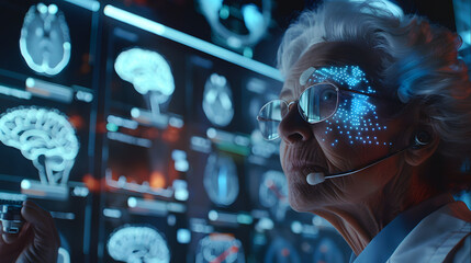 An elderly female doctor is using AI technology to study the. The screen shows various images of brain anatomy and medical data