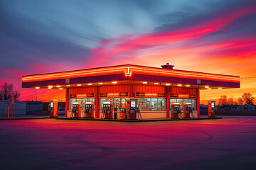 A bustling gas station with customers refueling their vehicles under the warm hues of a sunset sky in the background