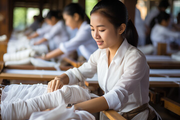 A woman is sitting at a table with a bunch of white cloths - Powered by Adobe