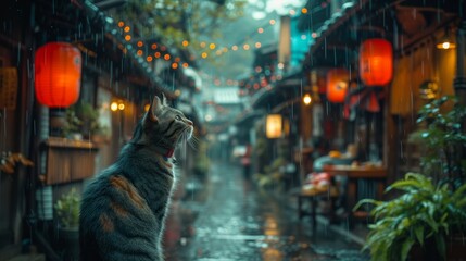 a cat sitting on a ledge looking up at a street with lanterns hanging from the ceiling and lights hanging from the ceiling.