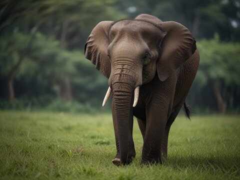 Cute Ceylon elephant walking on grass and searching food