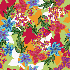 Estampa sem emendas com fundo verde claro e flores desenhadas digitalmente. Flores coloridas, azuis, rosas, verdes. 